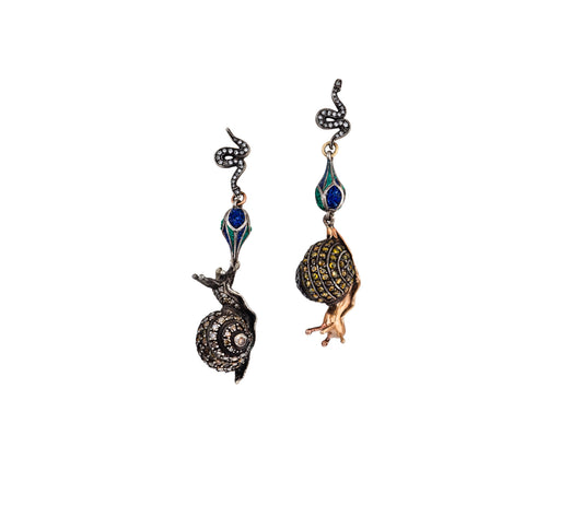 Diamond Snail and Snake Drop Earrings