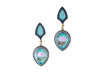 Diamond and Sapphire Hand Carved Flower Earrings