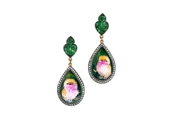 Tsavorite and Diamond Hand Carved Bird Drop Earrings