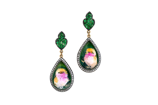 Tsavorite and Diamond Hand Carved Bird Drop Earrings