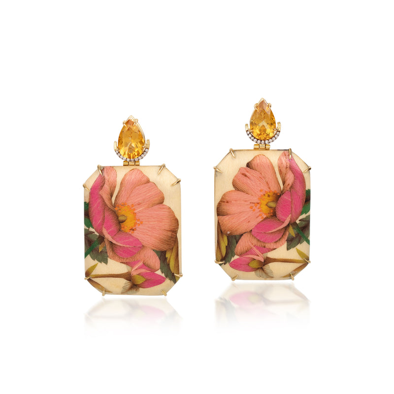 Citrine Pink Rose Marquetry Earrings