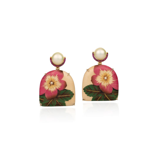 Pearl and Ruby Pink Rose Marquetry Earrings