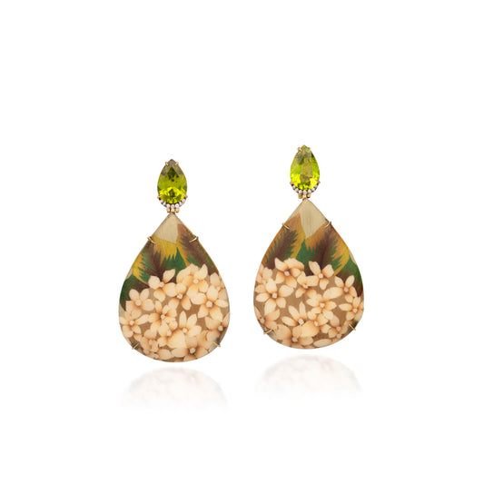 Peridot White Orchid Teardrop Marquetry Earrings