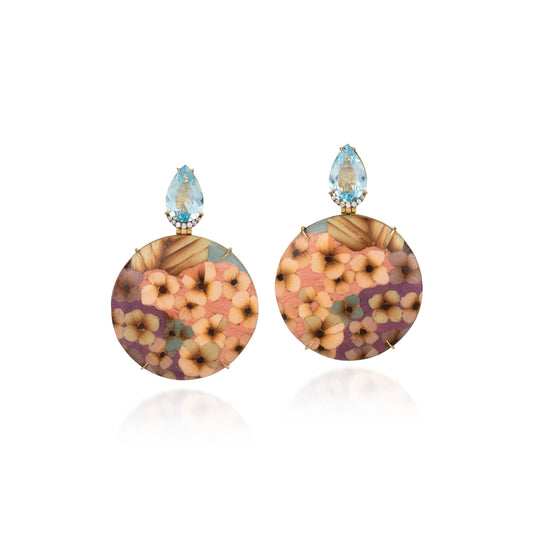 Blue Topaz Hydrangea Circle Marquetry Earrings