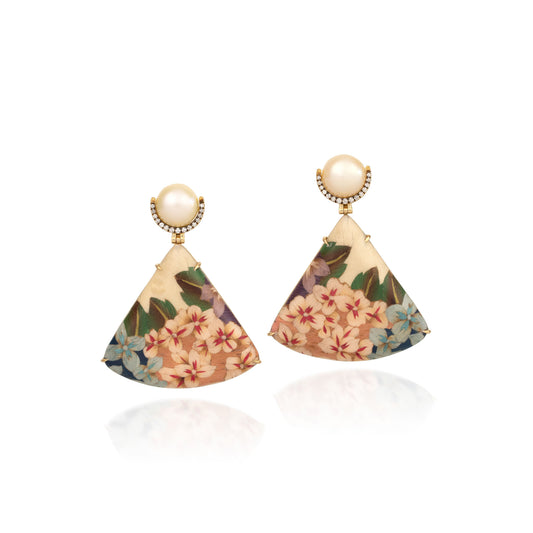 Gold Pearl Hydrangea Triangular Shape Marquetry Earrings