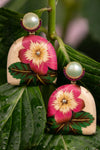 Pearl and Ruby Pink Rose Marquetry Earrings