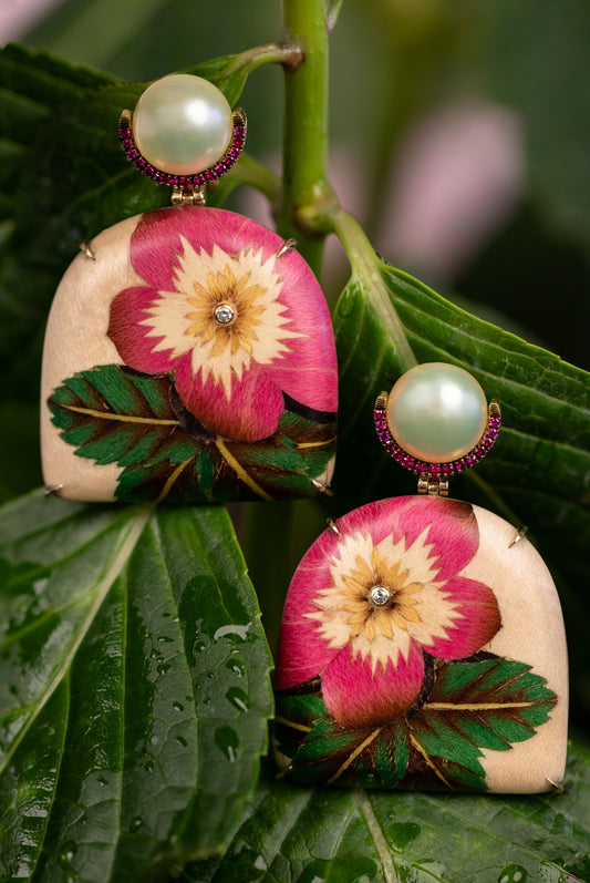 Pearl and Ruby Pink Rose Marquetry Earrings