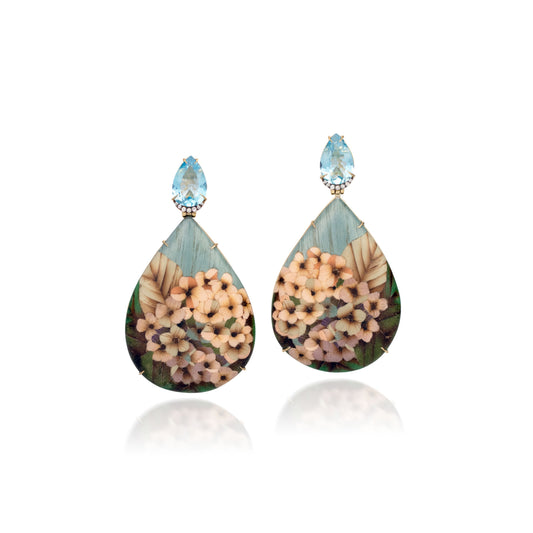 Sky Topaz Hydrangea Teardrop Marquetry Earrings