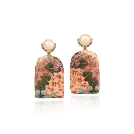 Gold Pearl Hydrangea Window Shape Marquetry Earrings