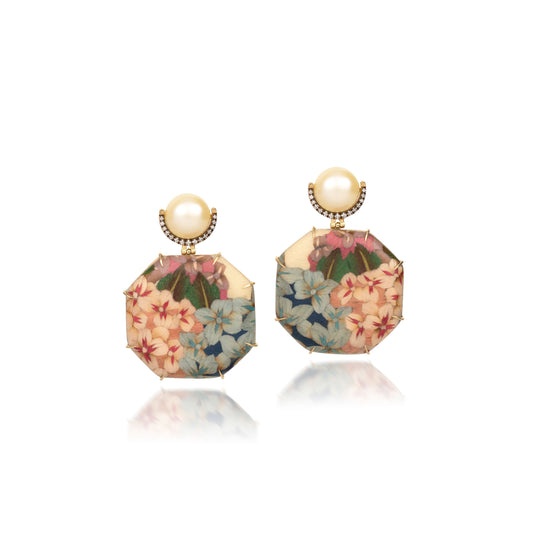 Gold Pearl Hydrangea Marquetry Drop Earrings