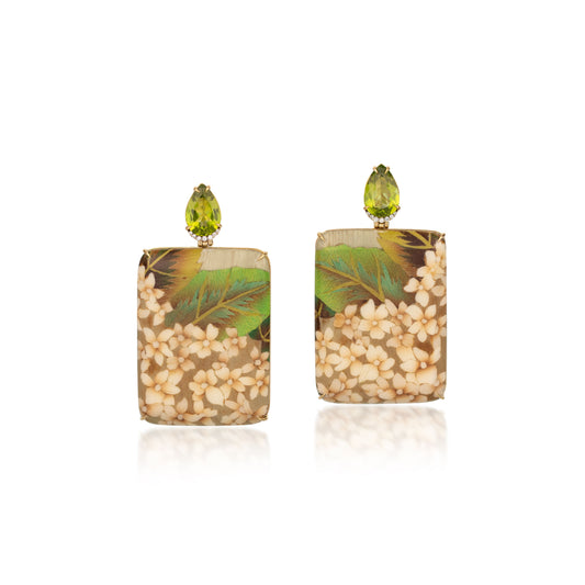Peridot White Hydrangea Rectangular Marquetry Earrings