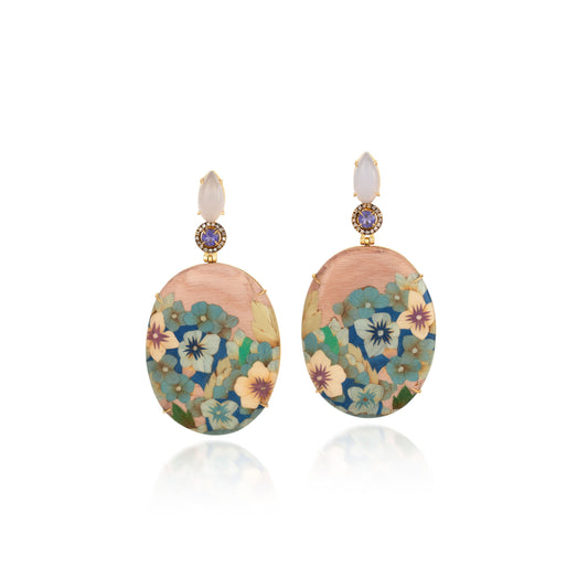Chalcedony Iolite Pastel Orchid Oval Marquetry Earrings
