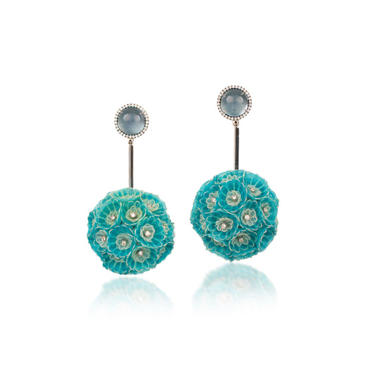 Sky Topaz Blue & White Horse Mane Dandelion Earrings