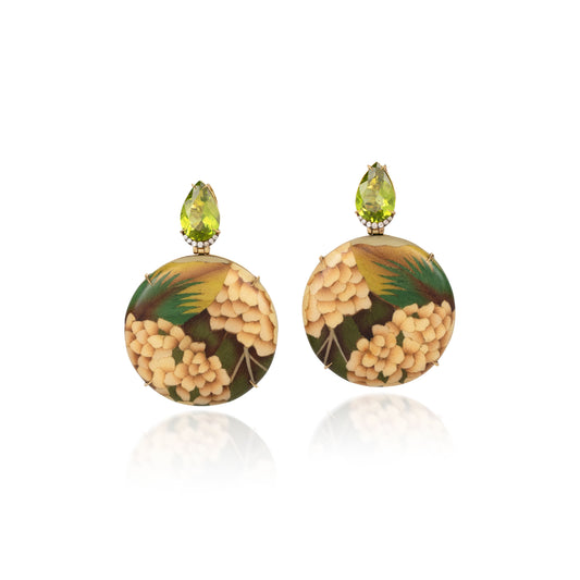 Peridot White Hydrangea Round Marquetry Earrings