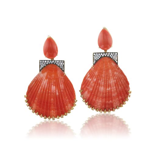 Orange Shell Earrings with Coral and Diamond