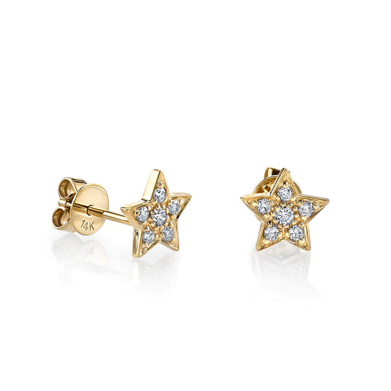 Yellow Gold Star Studs, Pave Diamond