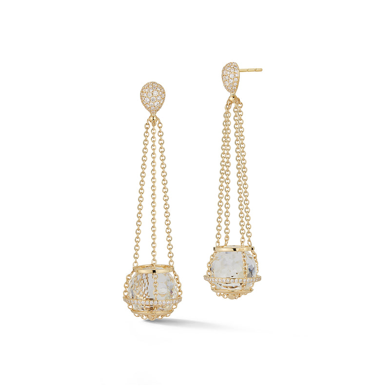Rock Crystal Cage Chain Basket Earrings in Yellow Gold