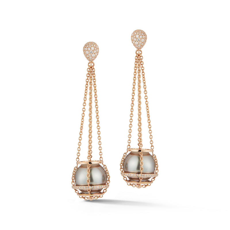 Grey Tahitian Pearl Cage Chain Basket Earrings in Rose Gold