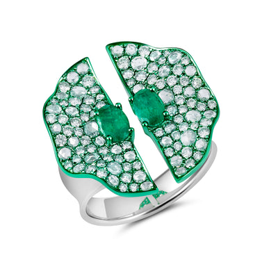 Emerald and Diamond Green Rhodium Open Ring
