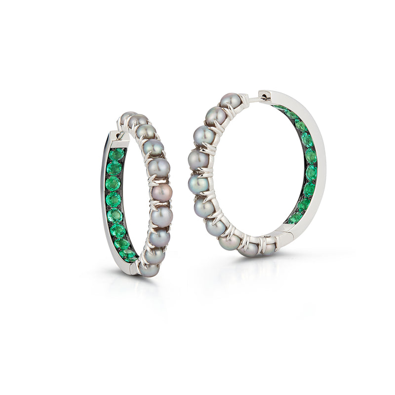 Emerald and Pearl Hoop Earrings
