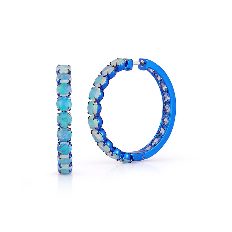 Electric Blue Opal and Tanzanite Hoops