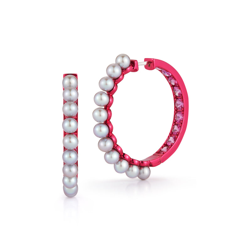Hot Pink Sapphire and Seed Pearl Hoops with Enamel