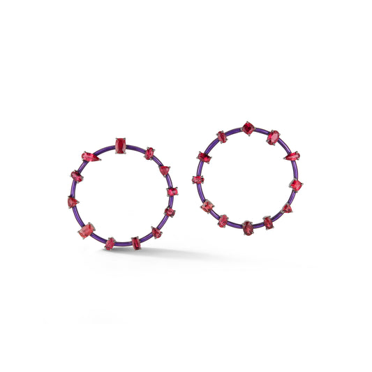 Large Pink Tourmaline with Purple Enamel Orbit Earrings