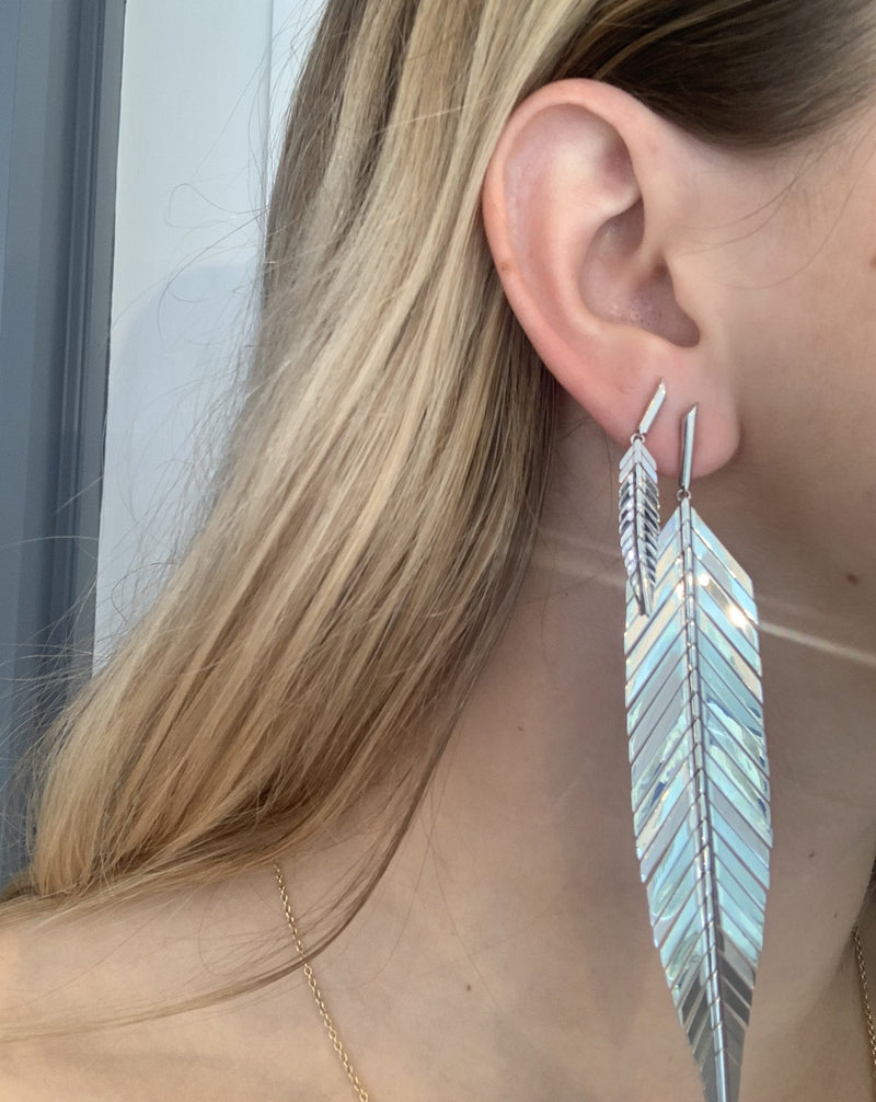 Large White Gold Feather Earrings