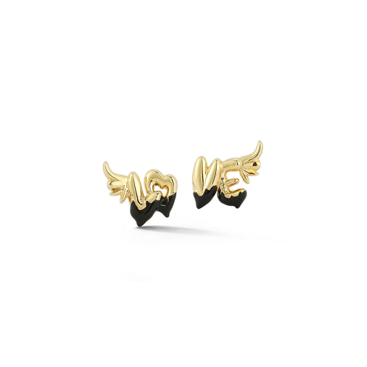 Winged "LOVE" Earrings with Black Enamel