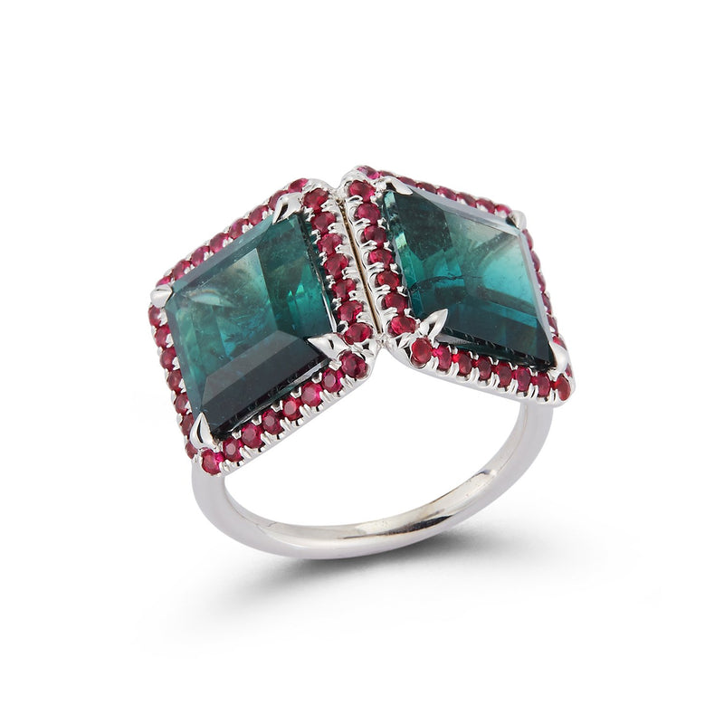 Bi-Color Green Tourmaline and Ruby Ring