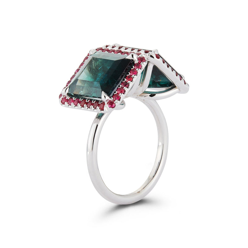 Bi-Color Green Tourmaline and Ruby Ring