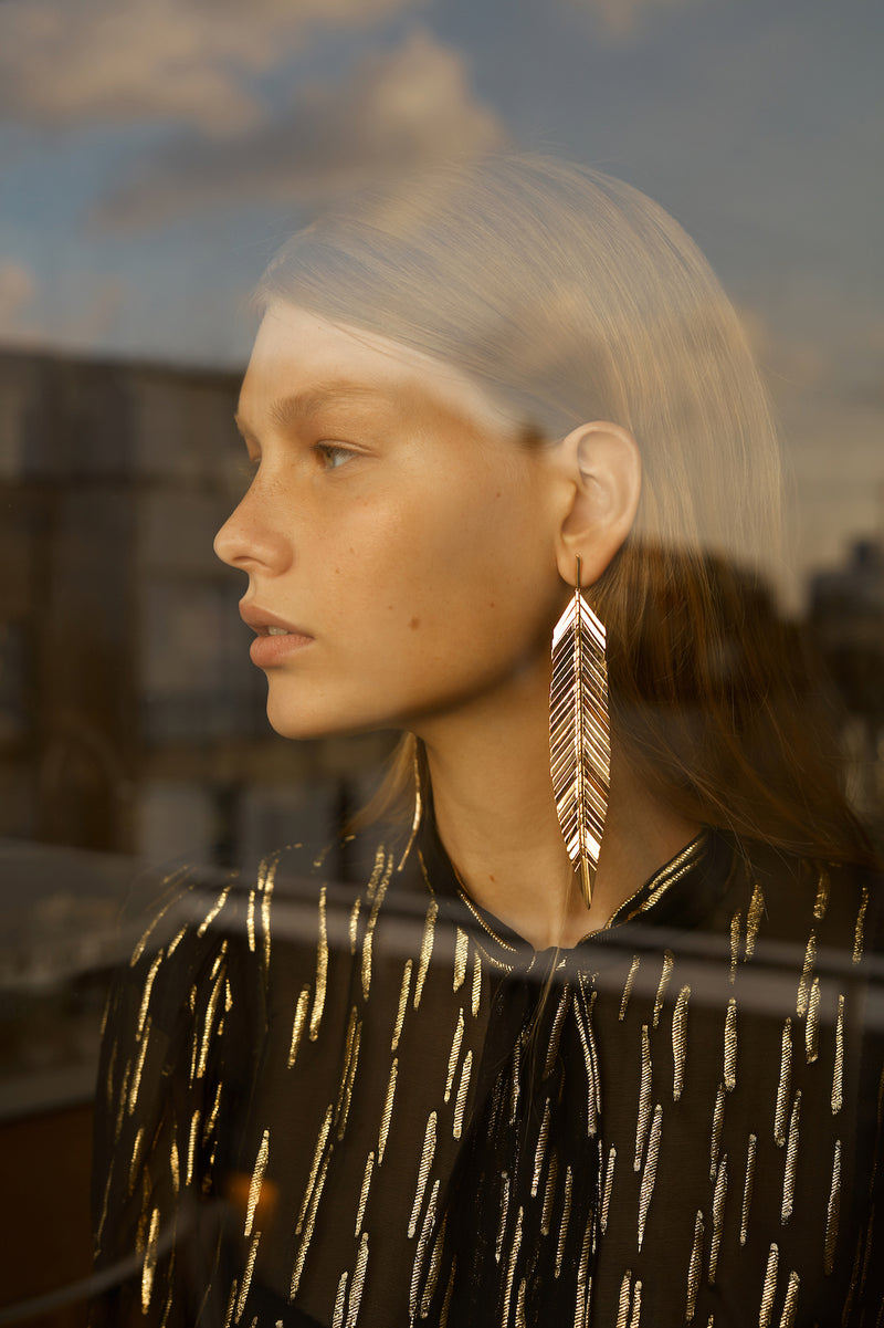 Large Yellow Gold Feather Earrings